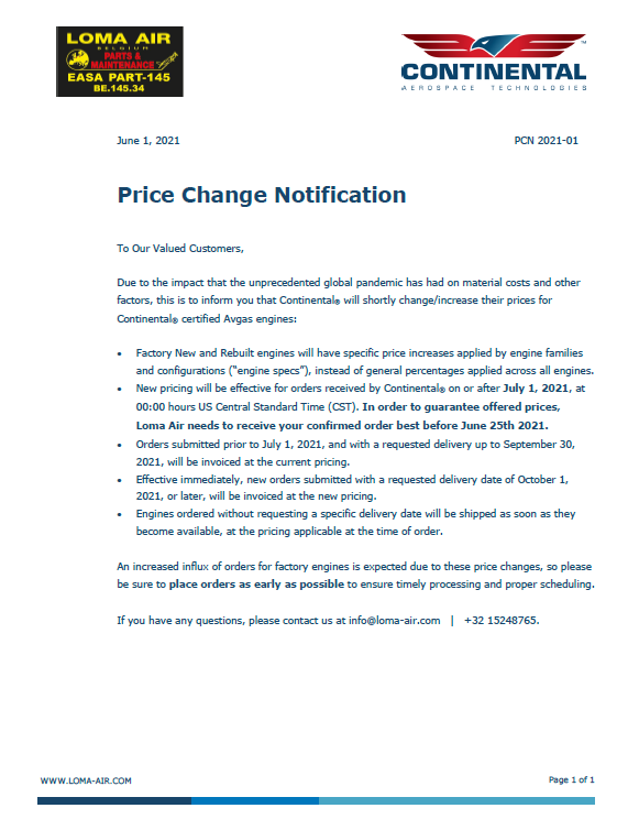 CONTINENTAL PRICE CHANGE ENGINES JULY 1 2021
